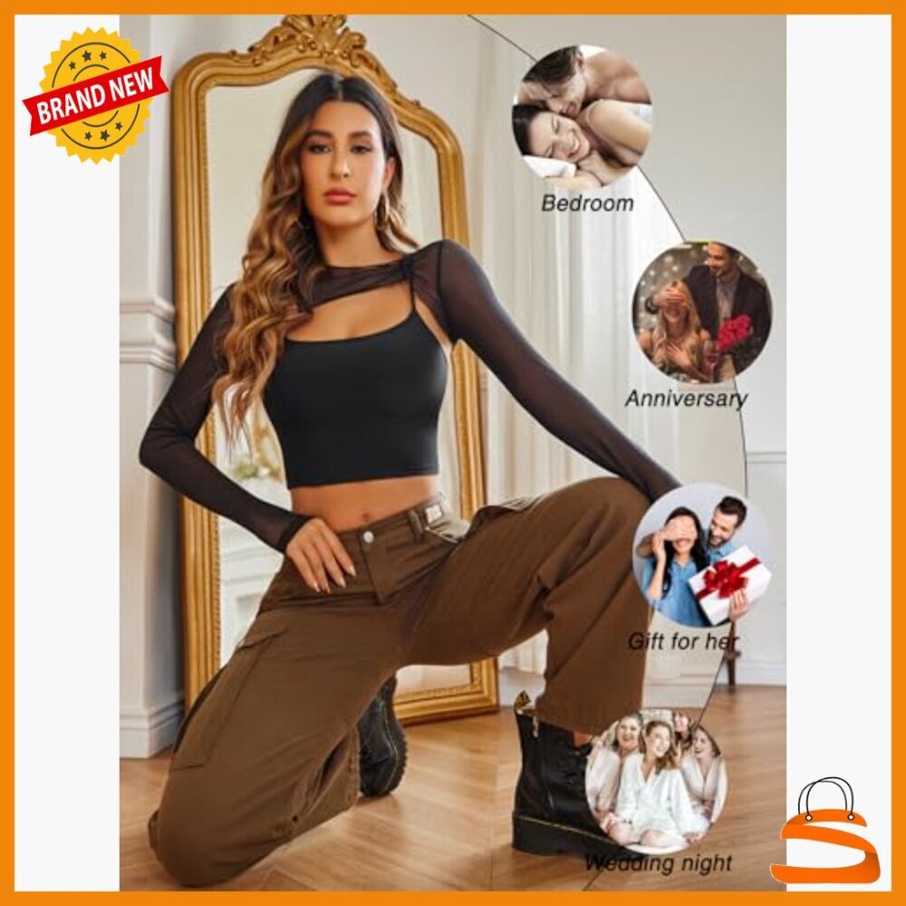 Mesh Long Sleeve Crop Top with Cami Clubwear Set Thumb Holes - Picture 5 of 7